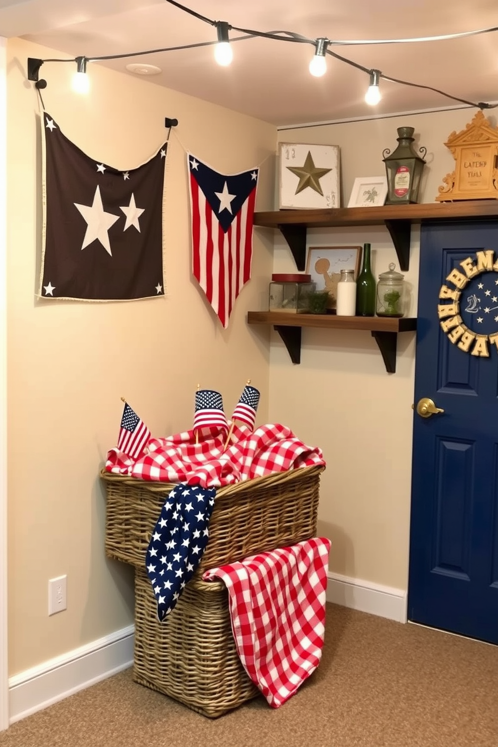 A vintage picnic basket is placed in the corner of the basement, serving as a charming decorative storage solution. It is filled with red and white checkered blankets and small American flags, adding a festive touch for Independence Day celebrations. The walls are adorned with rustic wooden shelves displaying themed decor, such as star-spangled banners and vintage Americana items. Soft lighting from string lights overhead creates a warm and inviting atmosphere for gatherings.