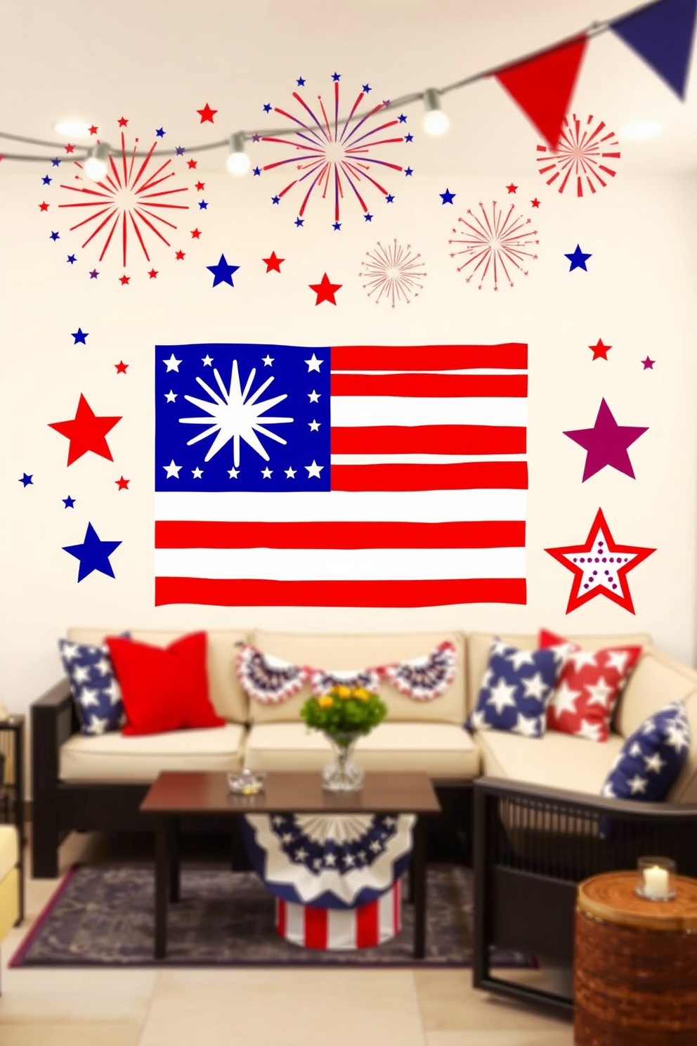 Independence Day themed wall stickers featuring vibrant red white and blue designs. Stars and stripes motifs along with iconic symbols like fireworks and the American flag create a festive atmosphere. Independence Day basement decorating ideas that incorporate patriotic colors and elements. Use bunting and string lights to enhance the celebratory feel while adding comfortable seating for gatherings.