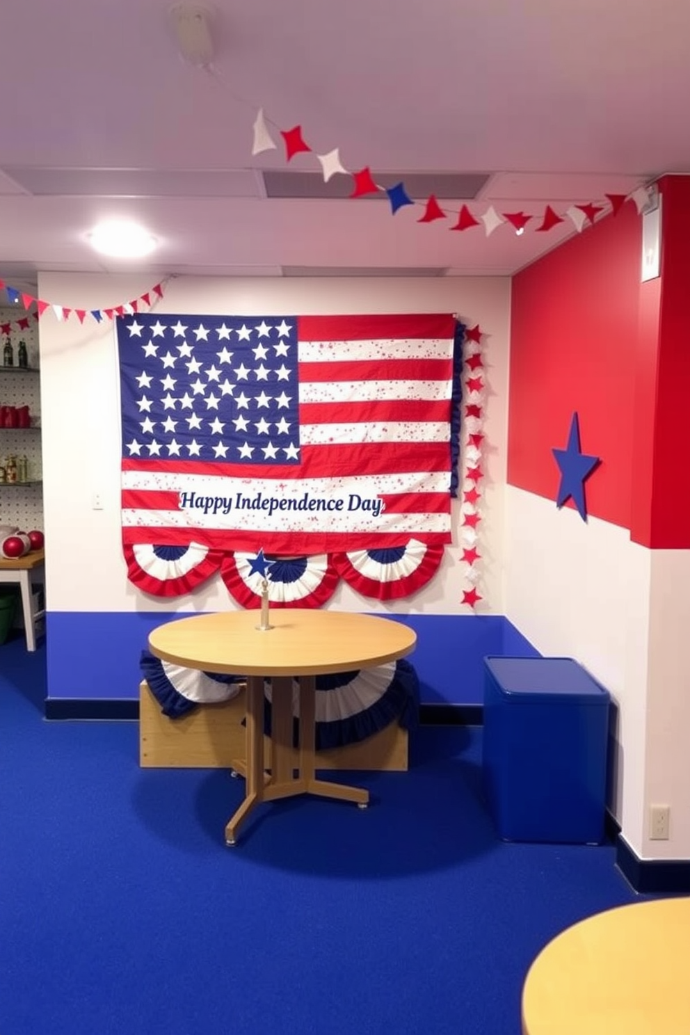 A vibrant basement space features an eye-catching display of star spangled banner wall art, celebrating Independence Day. The walls are adorned with red, white, and blue accents, creating a festive atmosphere perfect for gatherings.