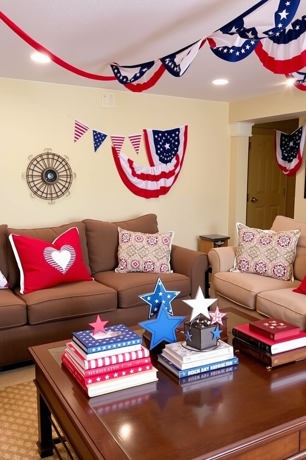 A cozy basement space designed for Independence Day celebrations. The coffee table is adorned with patriotic-themed books featuring red, white, and blue covers, alongside decorative stars and stripes accents. The walls are painted in a soft beige to provide a warm backdrop. Festive bunting and flags hang from the ceiling, while comfortable seating invites guests to relax and enjoy the holiday spirit.