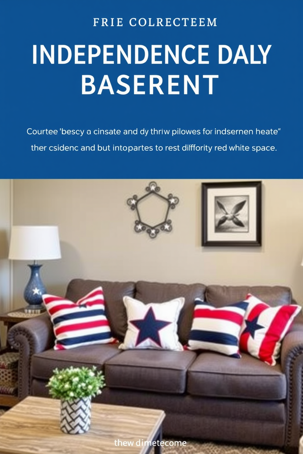 Create a cozy basement space decorated for Independence Day. Incorporate DIY patriotic throw pillows in red white and blue patterns on the seating area to enhance the festive atmosphere.