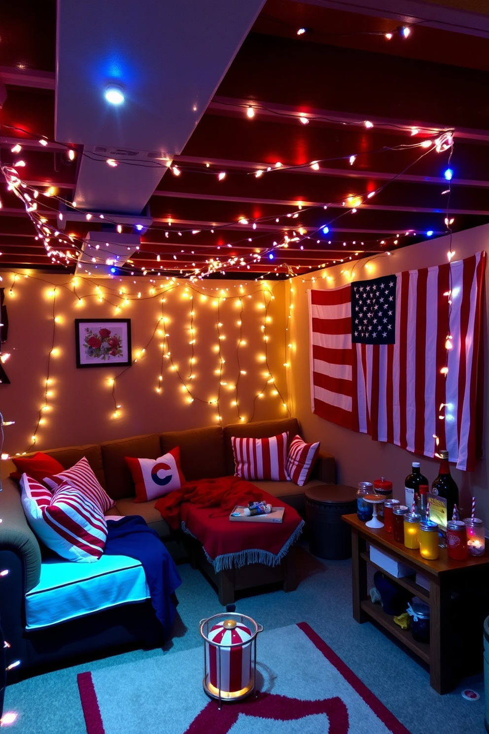 A cozy basement space adorned with festive string lights that create a warm and inviting ambiance. The lights are draped across the ceiling and along the walls, casting a soft glow over the space, perfect for celebrating Independence Day. The decor features red, white, and blue accents, including cushions and throws on a comfortable sectional sofa. A large American flag hangs on one wall, while a table is set up with themed snacks and drinks for guests to enjoy.