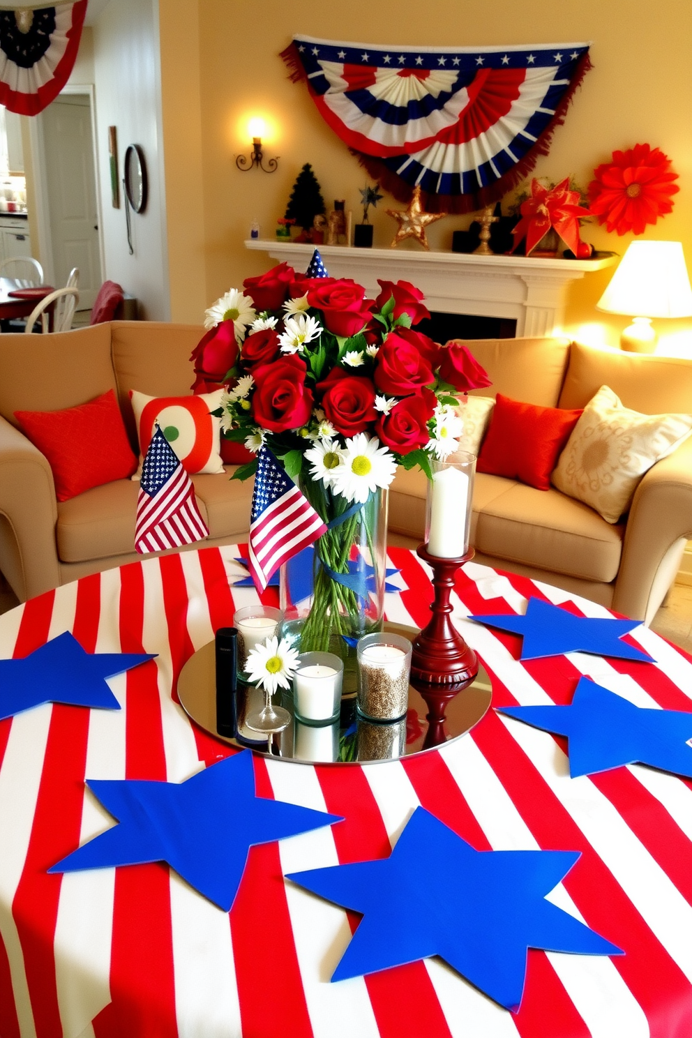 A festive table setting for Fourth of July features a vibrant red and white striped tablecloth adorned with blue star-shaped napkins. In the center, a large glass vase holds an arrangement of red roses and white daisies, surrounded by small American flags. The basement is transformed into a patriotic retreat with red, white, and blue decorations. Cozy seating is arranged around a coffee table adorned with themed decor, including star-shaped candles and a festive banner.