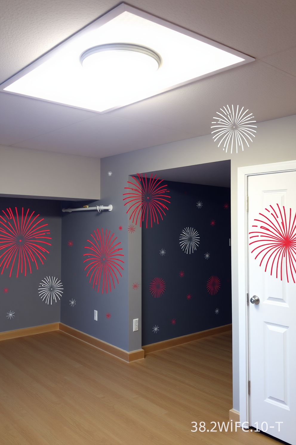 Fireworks themed wall decals in vibrant colors create a festive atmosphere in the basement. The decals are strategically placed on the walls, enhancing the celebratory vibe of Independence Day festivities.