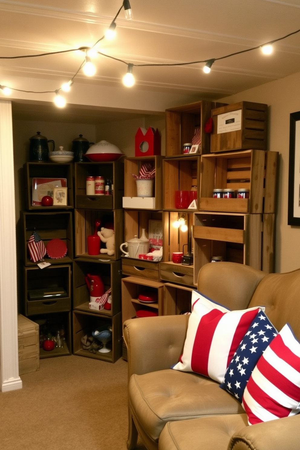 A vibrant basement space adorned with fireworks themed table runners for Independence Day. The walls are painted in a deep navy blue, and the floor is covered with a plush grey carpet. The table is set with a festive red and white checkered tablecloth underneath the eye-catching table runners. Colorful centerpieces featuring miniature American flags and sparklers add a playful touch to the decor.