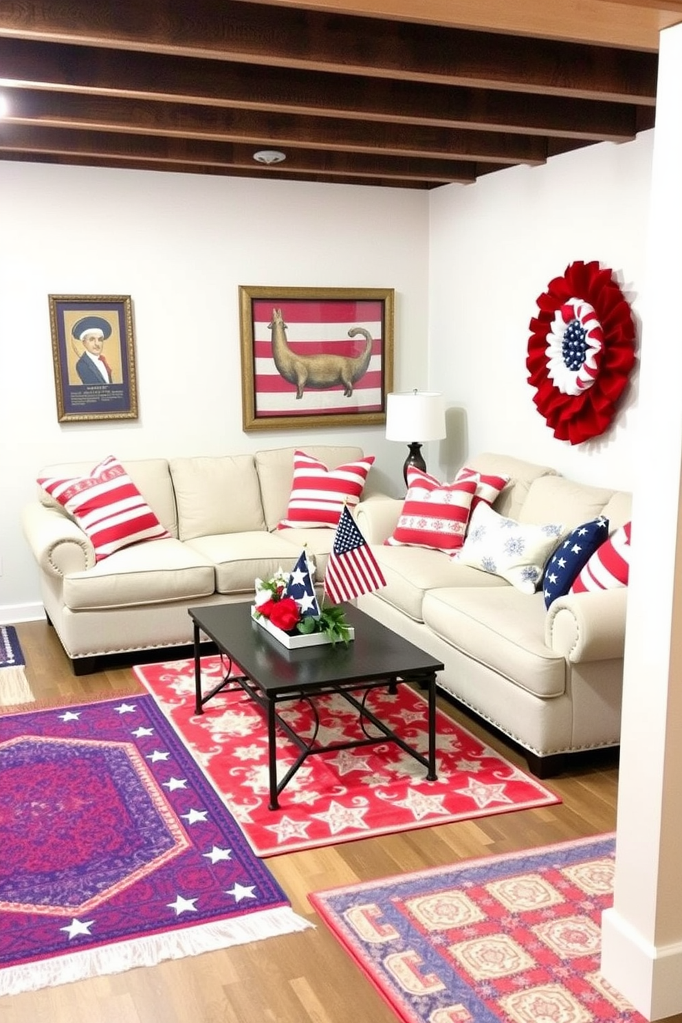 A cozy basement decorated for Independence Day features DIY painted mason jar candle holders in red, white, and blue. The jars are arranged on a rustic wooden table surrounded by comfortable seating and festive decorations.