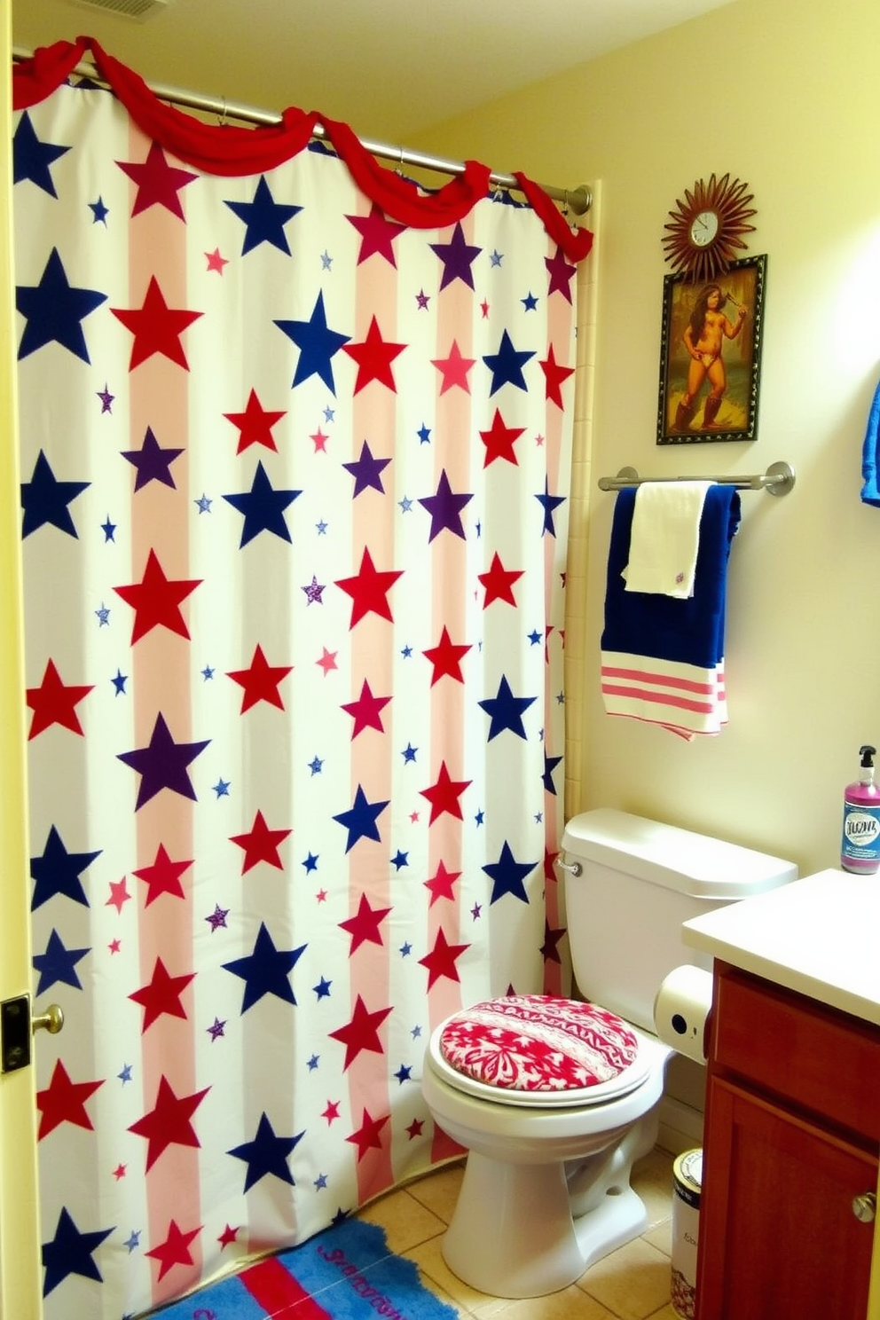 A vibrant bathroom featuring a patriotic shower curtain adorned with stars and stripes. The decor includes red, white, and blue accents, creating a festive atmosphere for Independence Day celebrations.