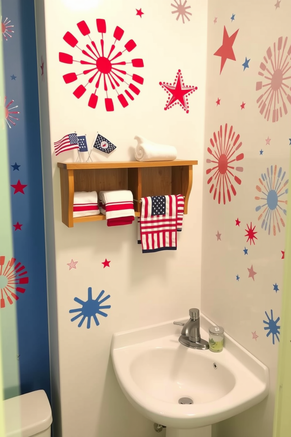 A festive bathroom setting adorned with Fourth of July themed wall decals. The walls are decorated with vibrant red white and blue designs featuring stars and stripes creating a patriotic atmosphere. A wooden shelf displays decorative items such as miniature flags and themed towels. The sink area is enhanced with a red and white striped runner adding a touch of holiday spirit.