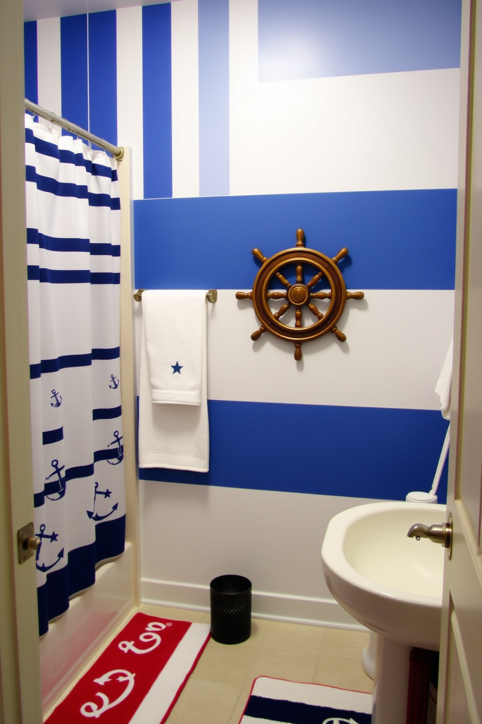 A patriotic colored bathrobe hangs on a hook by the door, featuring vibrant red, white, and blue stripes that celebrate Independence Day. The bathroom is adorned with festive decorations, including star-spangled towels and a themed shower curtain that enhances the celebratory atmosphere.