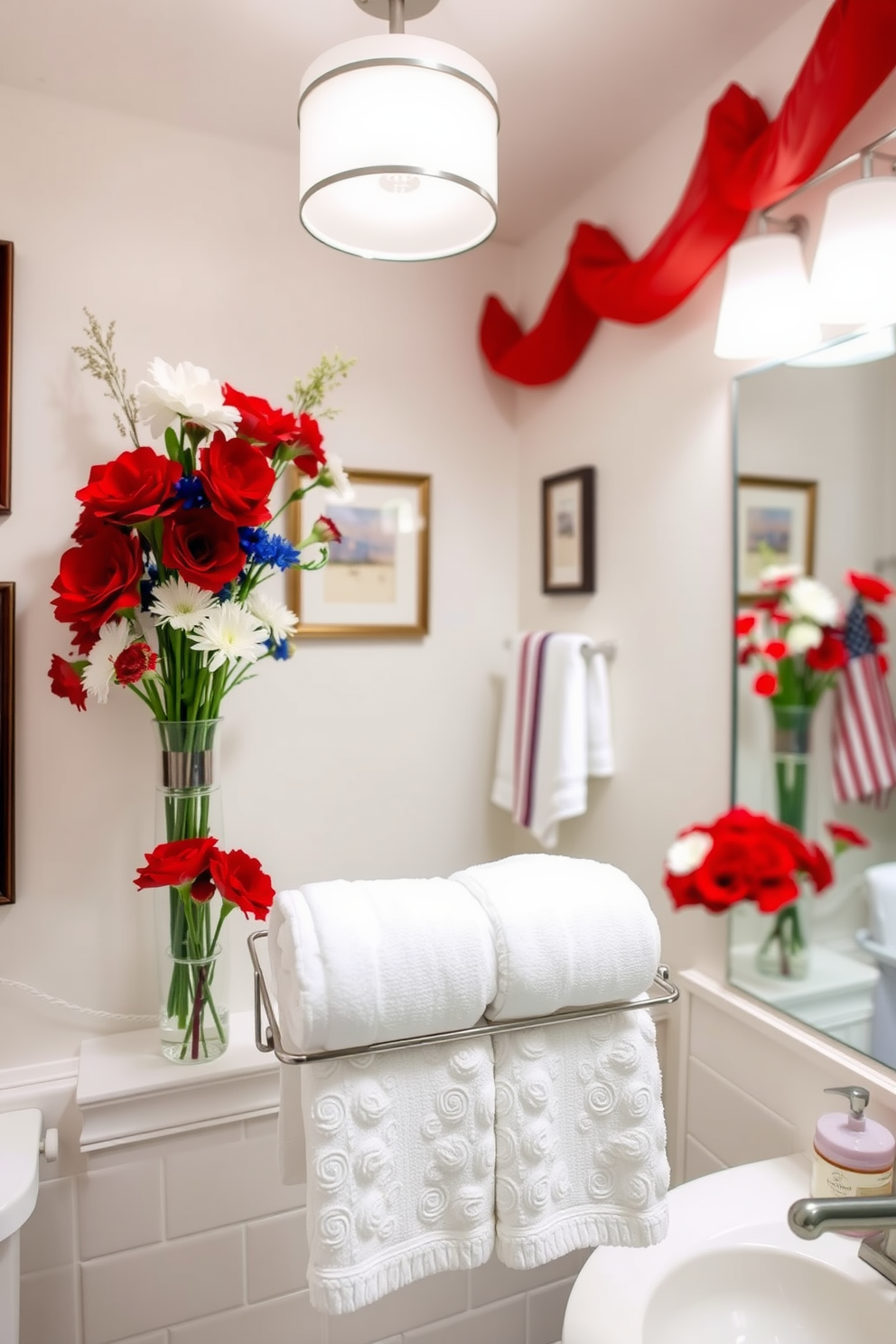 A vibrant bathroom setting celebrating Independence Day. The space features red white and blue floral arrangements in elegant vases placed strategically around the room. The walls are adorned with subtle patriotic-themed artwork. A plush white towel set is neatly arranged on a decorative rack, adding a touch of sophistication to the festive decor.