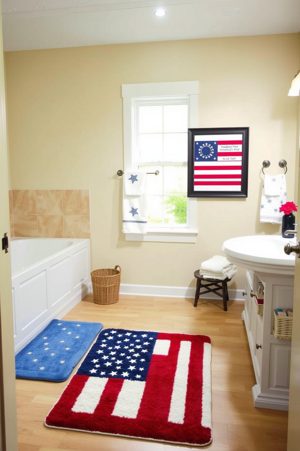 A festive bathroom featuring a red white and blue shower curtain that celebrates Independence Day. The space includes a white freestanding bathtub with patriotic-themed accessories and a vintage wooden stool beside it.