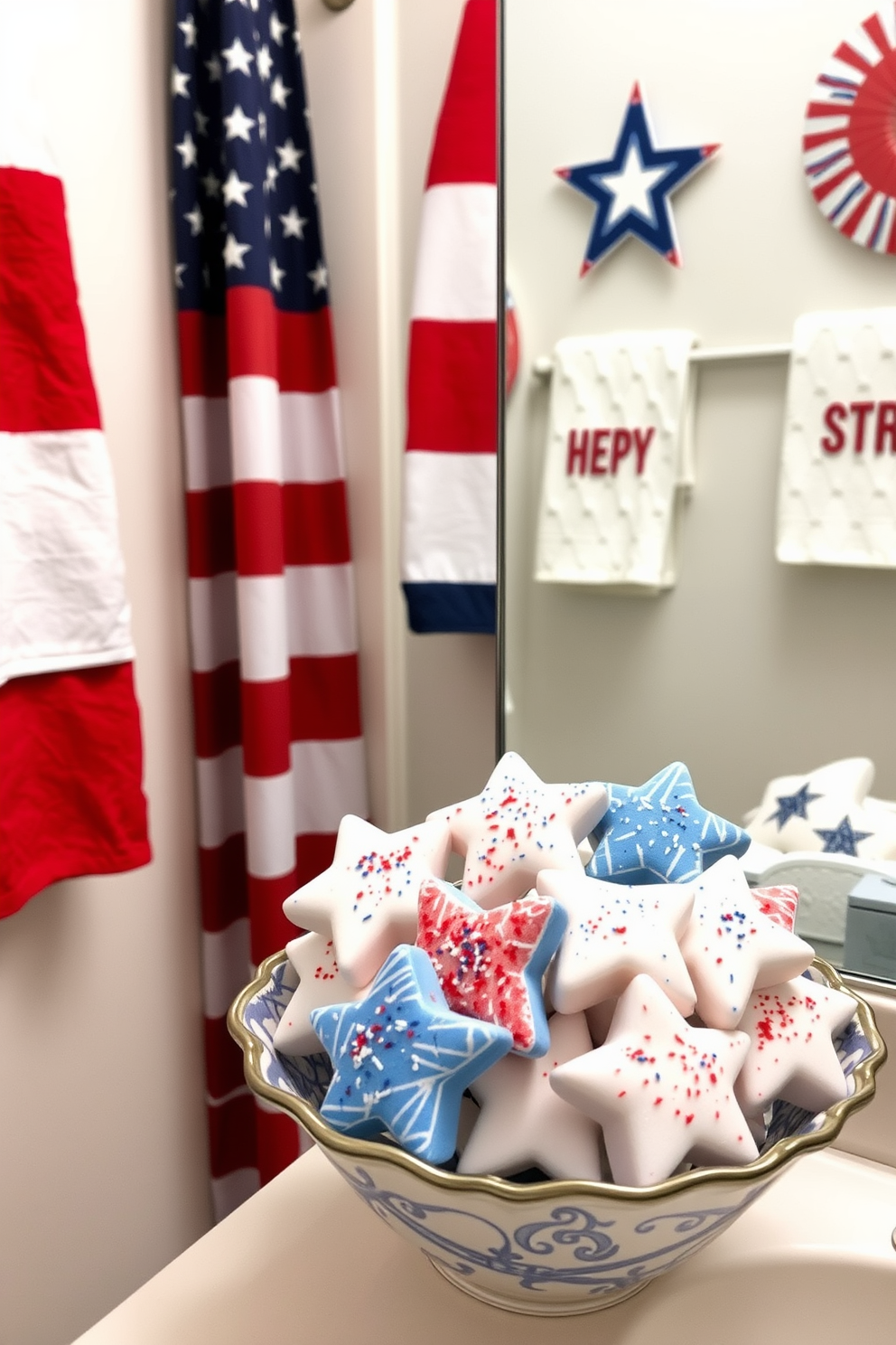 Create a festive bathroom setting for Independence Day featuring star shaped bath bombs arranged artfully in a decorative bowl. The walls are adorned with red white and blue accents including towels and a shower curtain that celebrate the holiday spirit.