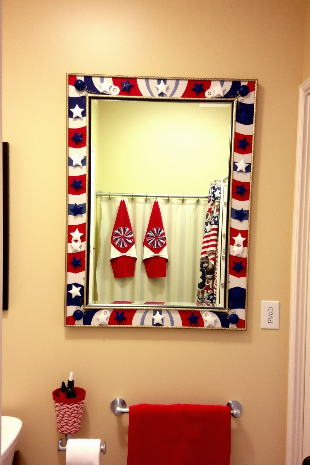 A stunning wall mirror designed with an Independence Day theme. The frame is adorned with red white and blue accents featuring stars and stripes that celebrate the holiday spirit. In the bathroom a patriotic color scheme is used with decorative elements like themed towels and a shower curtain. Red white and blue accessories create a festive atmosphere while maintaining a stylish look.