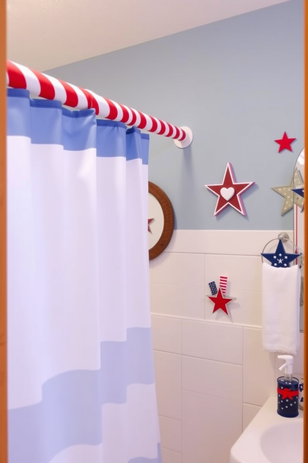 A vibrant bathroom setting featuring a red and blue striped shower curtain rod that adds a festive touch. The walls are adorned with patriotic decor and accessories, creating a cheerful Independence Day theme.