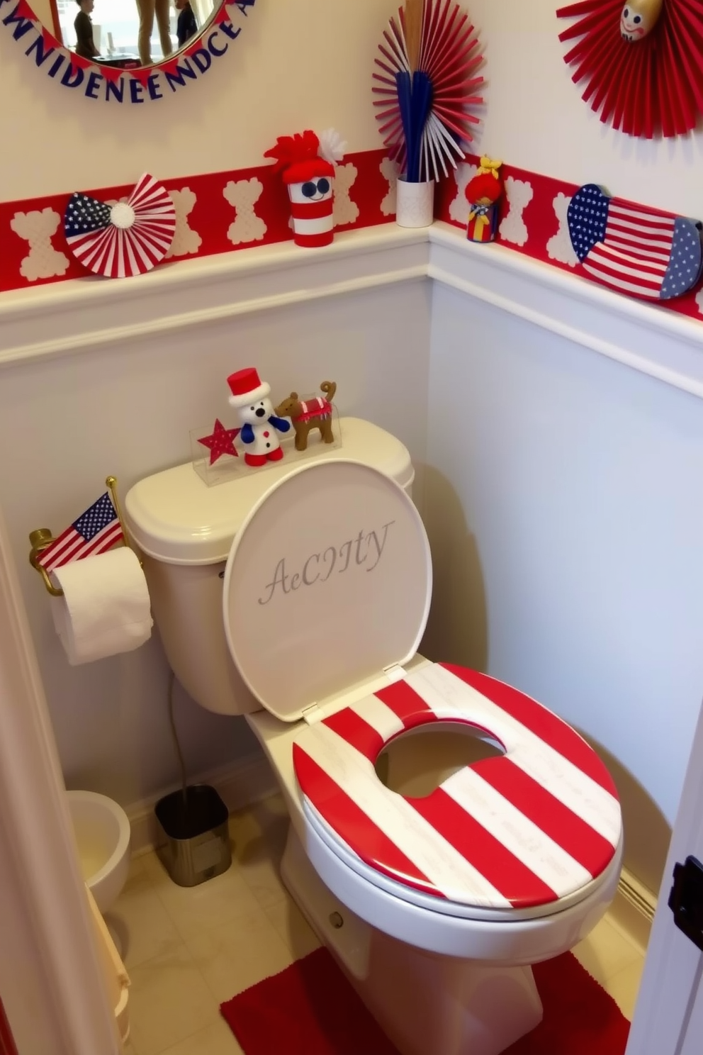 A bathroom featuring a toilet with an American flag themed seat cover. The walls are adorned with red white and blue accents along with festive decorations for Independence Day.