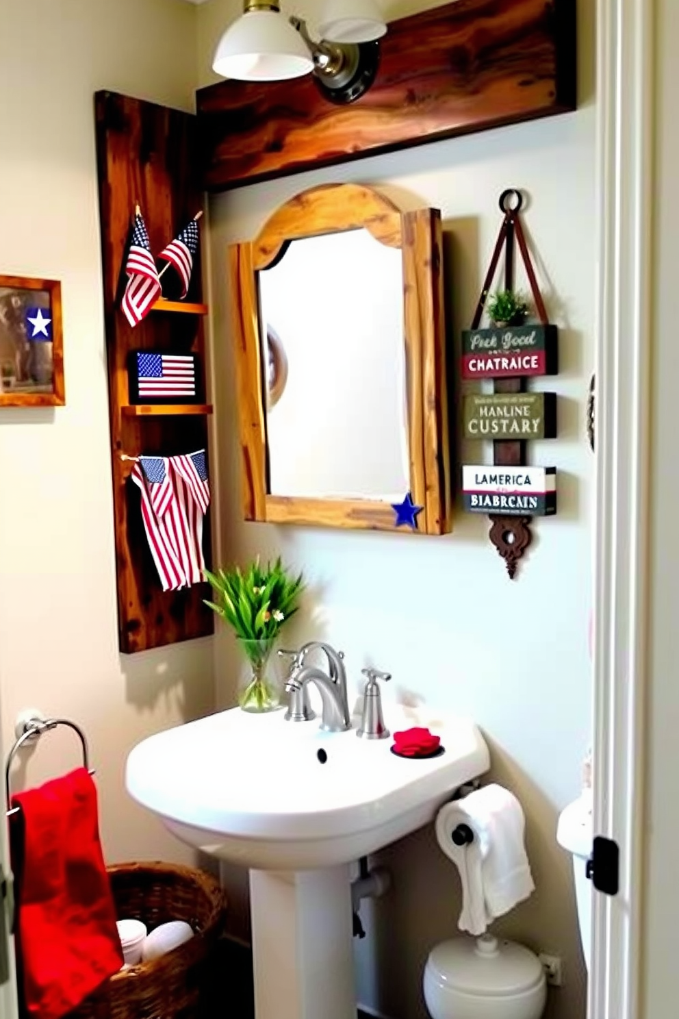 Create a cozy bathroom setting featuring rustic wooden decor pieces that celebrate Independence Day. Incorporate elements such as a wooden shelf adorned with small American flags and handcrafted patriotic signs, complementing the warm tones of the wood. Add a vintage-style wooden mirror above the sink, surrounded by red, white, and blue accents. Use a neutral color palette for the walls to enhance the rustic charm while keeping the focus on the festive decor.