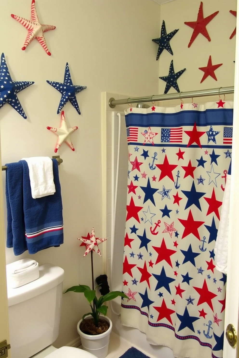 A festive bathroom setting celebrating Independence Day. The walls are adorned with starfish and flag combo decorations, creating a vibrant and patriotic atmosphere. A decorative shower curtain features a pattern of red, white, and blue stars alongside nautical elements. Coordinating towels and accessories enhance the theme, while a small potted plant adds a touch of freshness to the space.