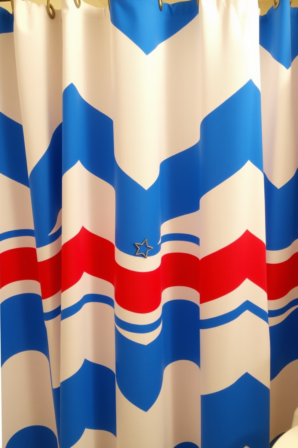 A vibrant bathroom setting featuring a shower curtain adorned with red white and blue stripes. The shower curtain hooks are designed in the shape of stars, adding a festive touch for Independence Day celebrations.