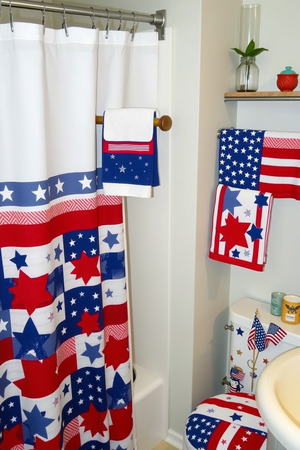 A vibrant bathroom featuring a red white and blue striped rug that adds a festive touch for Independence Day. The space is adorned with patriotic decor including themed towels and a shower curtain that complements the rug beautifully.