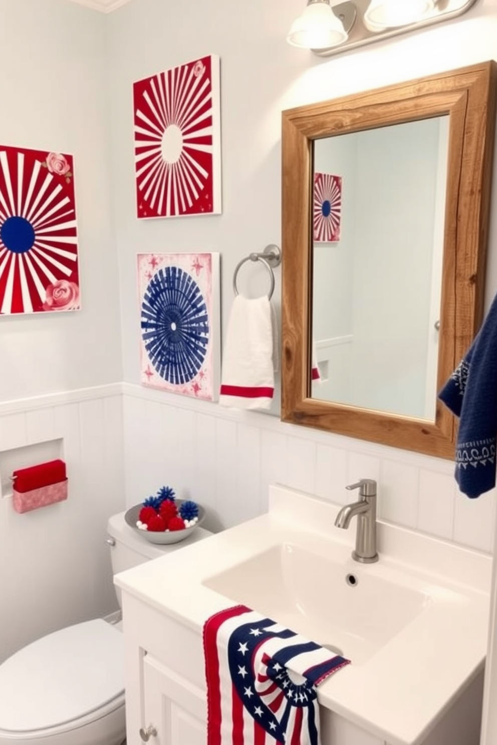 A festive bathroom setting celebrating Independence Day. The walls are adorned with vibrant red white and blue artwork that captures the spirit of the holiday. A sleek white vanity features a patriotic themed runner and a decorative bowl filled with red white and blue accessories. The mirror is framed in a rustic wood that complements the festive decor while adding warmth to the space.