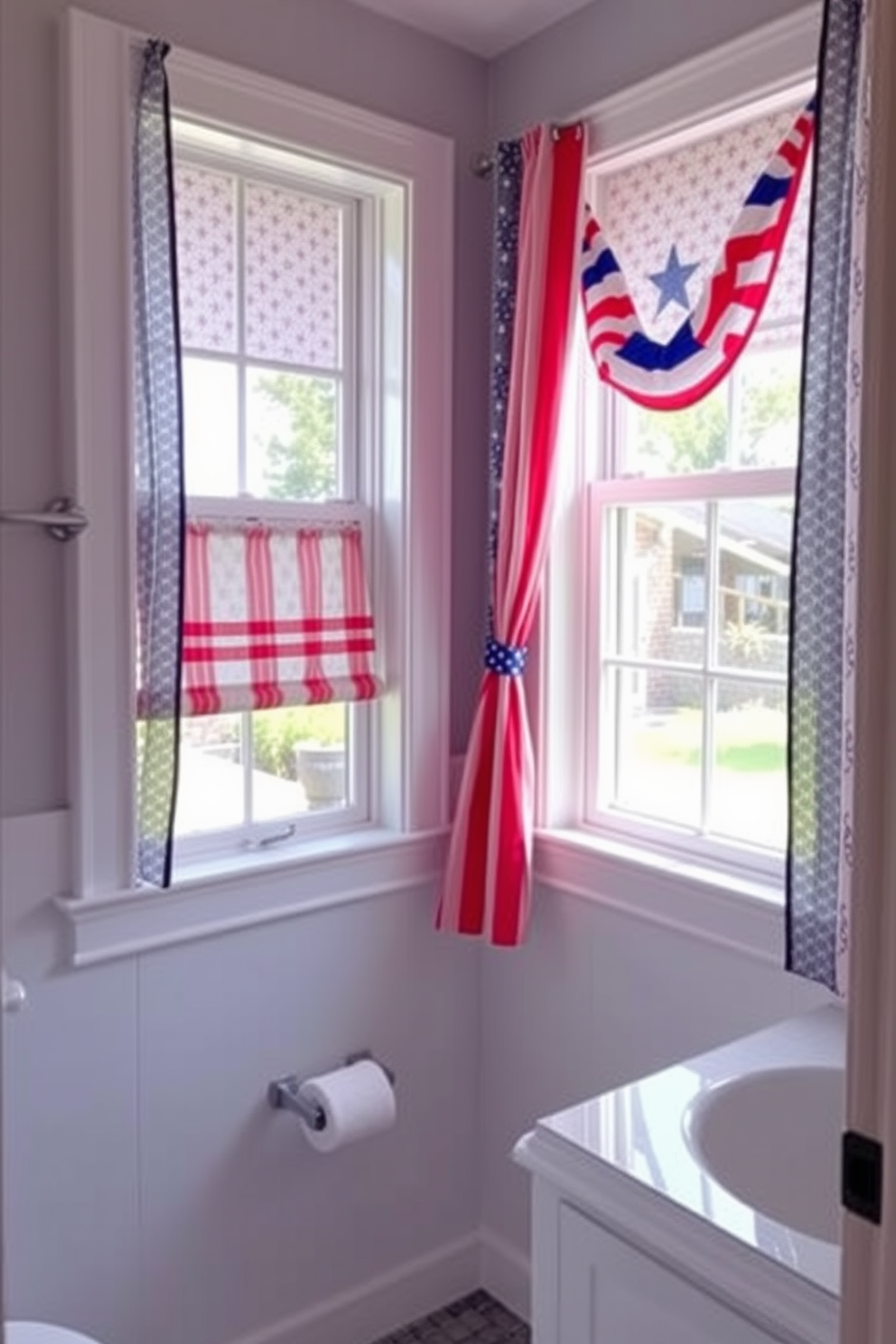 Create a patriotic themed bathroom featuring window treatments adorned with red white and blue patterns. The curtains should be made of lightweight fabric allowing natural light to filter through while adding a festive touch for Independence Day.