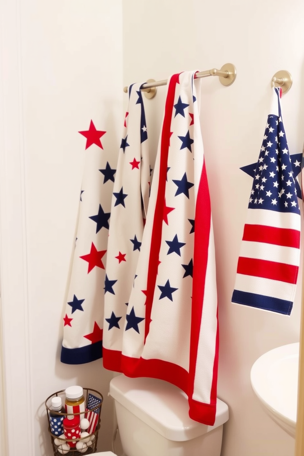 A vibrant bathroom setting featuring star and stripe patterned bath towels that celebrate Independence Day. The towels are elegantly draped over a stylish towel rack, adding a festive touch to the overall decor. The walls are painted in a crisp white, creating a fresh backdrop for the bold colors of the towels. A decorative red, white, and blue arrangement of accessories complements the theme, enhancing the patriotic ambiance of the space.