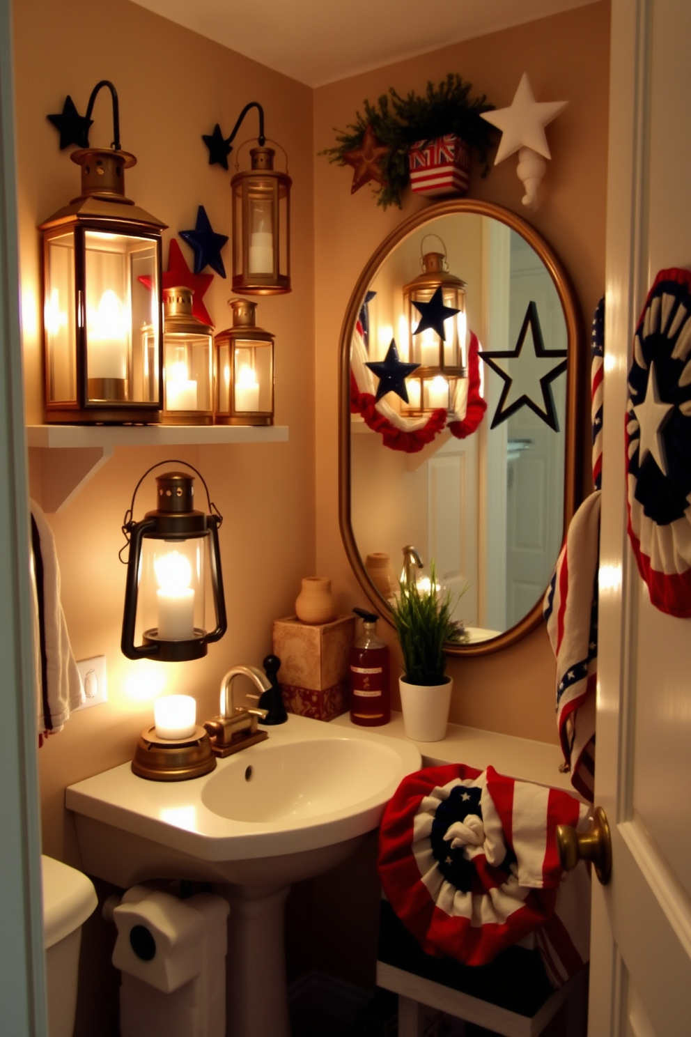 A charming bathroom adorned with vintage lanterns that cast a warm glow. The lanterns are strategically placed on shelves and the countertop, adding a cozy ambiance to the space. The bathroom features a patriotic theme with red, white, and blue accents. Decorative elements include stars and stripes motifs, creating a festive atmosphere for Independence Day celebrations.