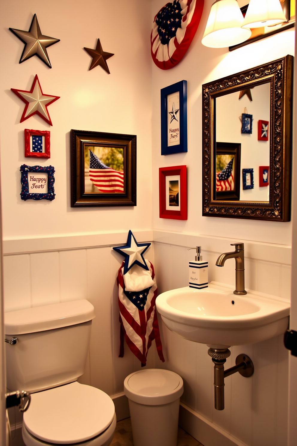 A charming bathroom adorned with Americana themed picture frames that celebrate Independence Day. The walls are painted in a soft white, allowing the vibrant colors of the frames to stand out against the decor.