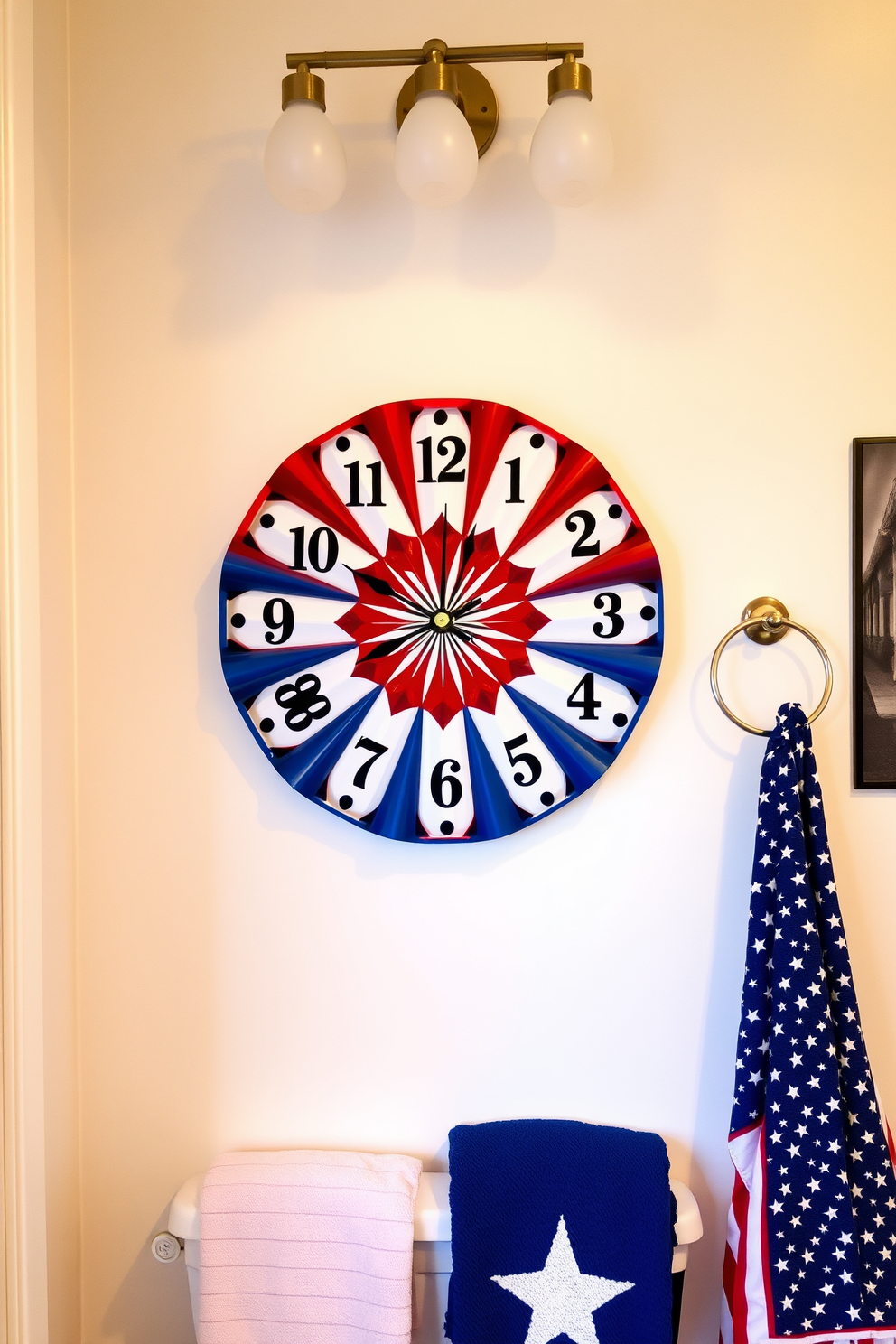 A festive bathroom decorated for Independence Day features decorative stars hung from the ceiling in vibrant red white and blue. The walls are adorned with patriotic-themed artwork and a stylish shower curtain showcasing stars and stripes.