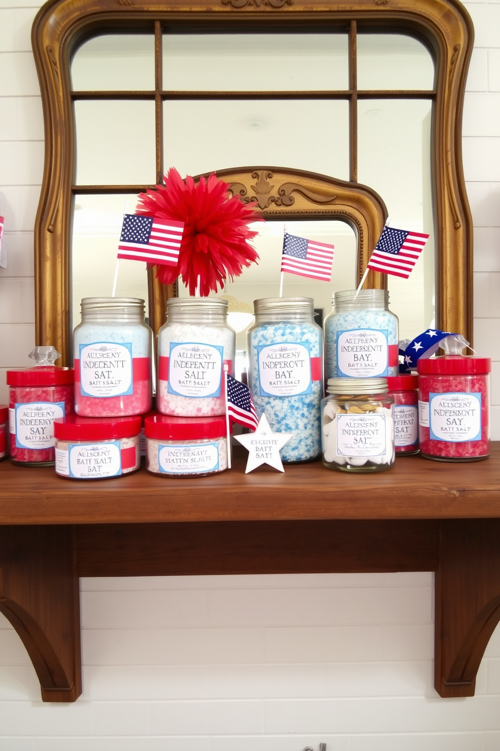 A patriotic themed display of bath salts is arranged on a rustic wooden shelf. The bath salts are in red white and blue containers with festive labels celebrating Independence Day. Decorative elements include small American flags and star shaped accents placed among the bath salts. A backdrop of white shiplap walls enhances the festive atmosphere while a vintage mirror reflects the vibrant colors.