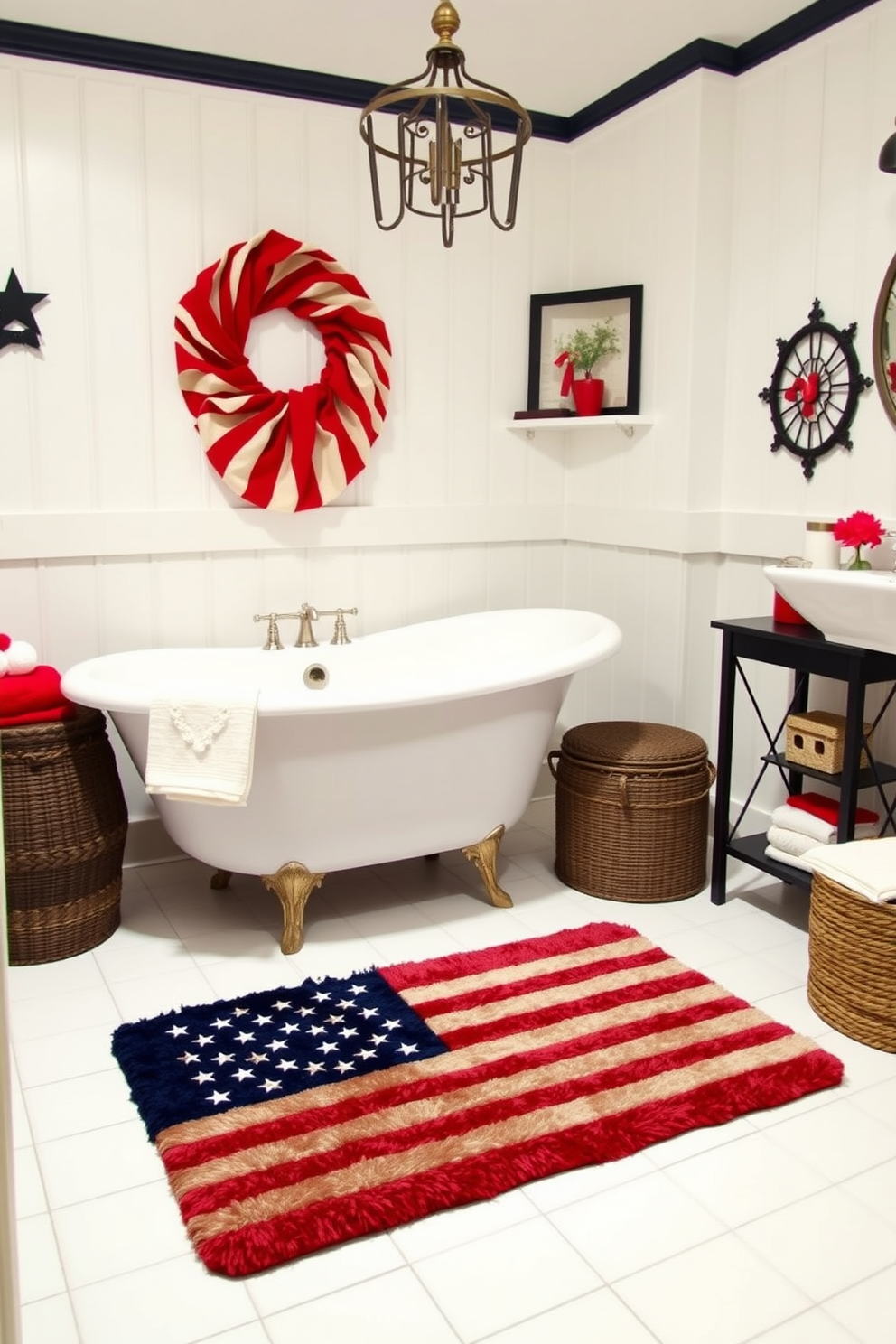 A cozy bathroom setting featuring a plush American flag bath mat that adds a festive touch for Independence Day. The walls are painted in a soft white color, complemented by navy blue accents and red decorative elements throughout the space.