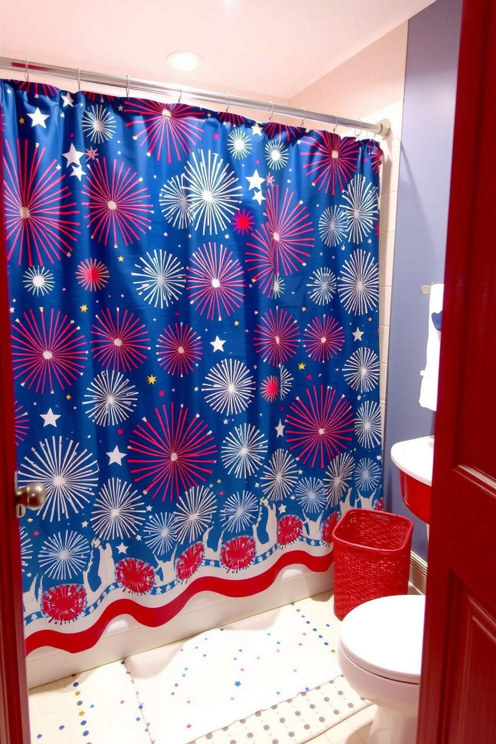 A vibrant bathroom featuring a fireworks patterned shower curtain that celebrates Independence Day. The space is adorned with red white and blue accents creating a festive and patriotic atmosphere.