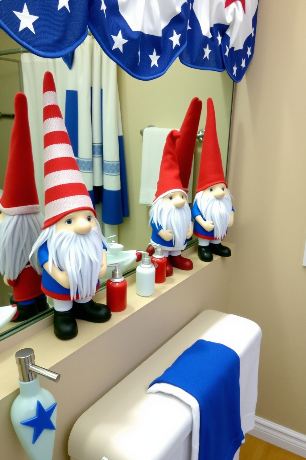 Gnome decor for Independence Day features charming gnome figurines dressed in red white and blue outfits. These whimsical gnomes are placed throughout the living space including on shelves tables and mantels. Independence Day bathroom decorating ideas include patriotic themed towels and shower curtains. Add small decorative items like star shaped soap dispensers and red white and blue candles for a festive touch.