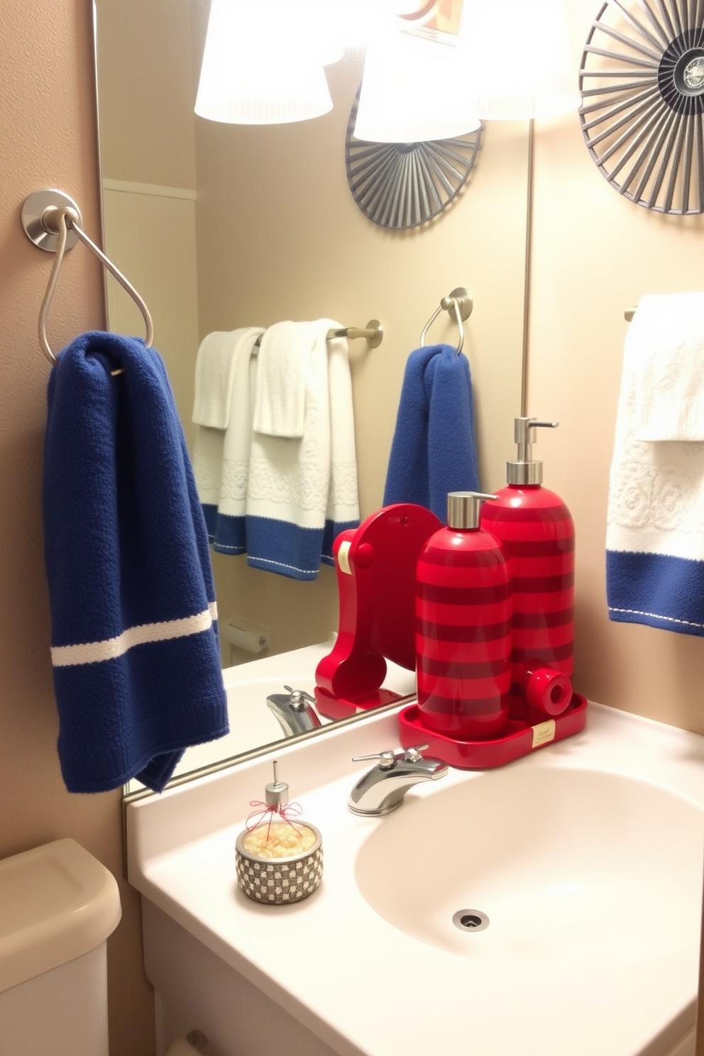 Create a festive bathroom setting featuring a red striped soap dispenser set that captures the spirit of Independence Day. The decor includes a patriotic color scheme with accents of blue and white, complemented by themed accessories like towels and a decorative centerpiece.