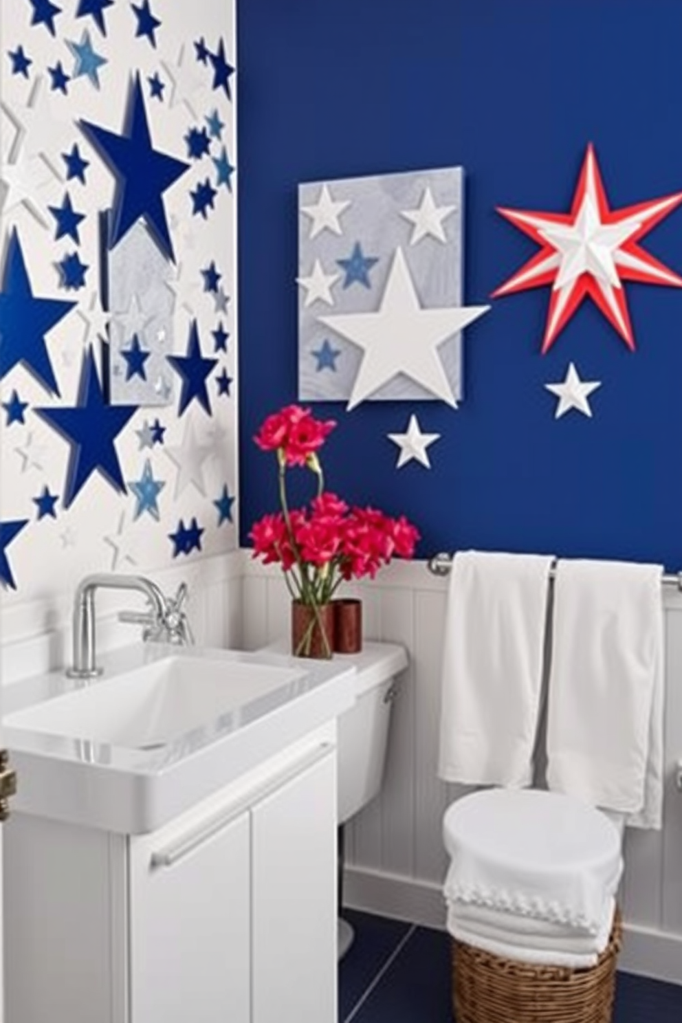 Create a vibrant bathroom scene featuring blue and white starry wall art that captures the spirit of Independence Day. The walls are adorned with this art, complemented by a sleek white vanity and a deep blue accent wall.