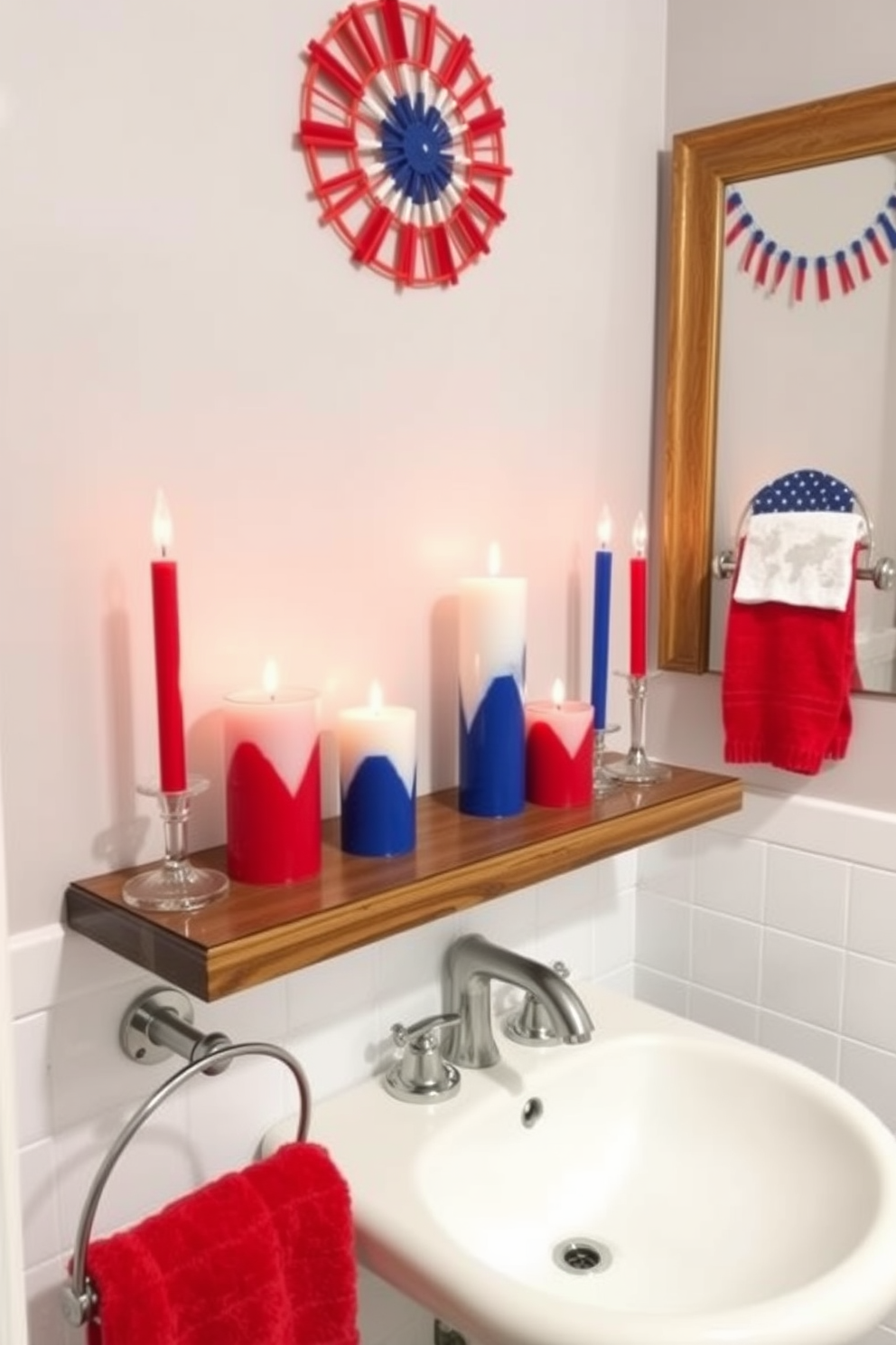 A festive bathroom setting adorned with red white and blue candles celebrating Independence Day. The candles are arranged on a wooden shelf above a white porcelain sink, complemented by a vibrant red towel hanging nearby.