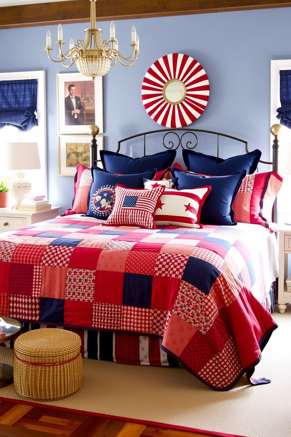 A vibrant bedroom featuring a red white and blue bedding set that captures the spirit of Independence Day. The bed is adorned with a patchwork quilt and matching pillows, creating a cozy and festive atmosphere. The walls are painted in a soft white hue, while decorative accents in red and blue, such as framed artwork and throw blankets, enhance the patriotic theme. A rustic wooden nightstand holds a small lamp with a red shade, completing the inviting look of the space.