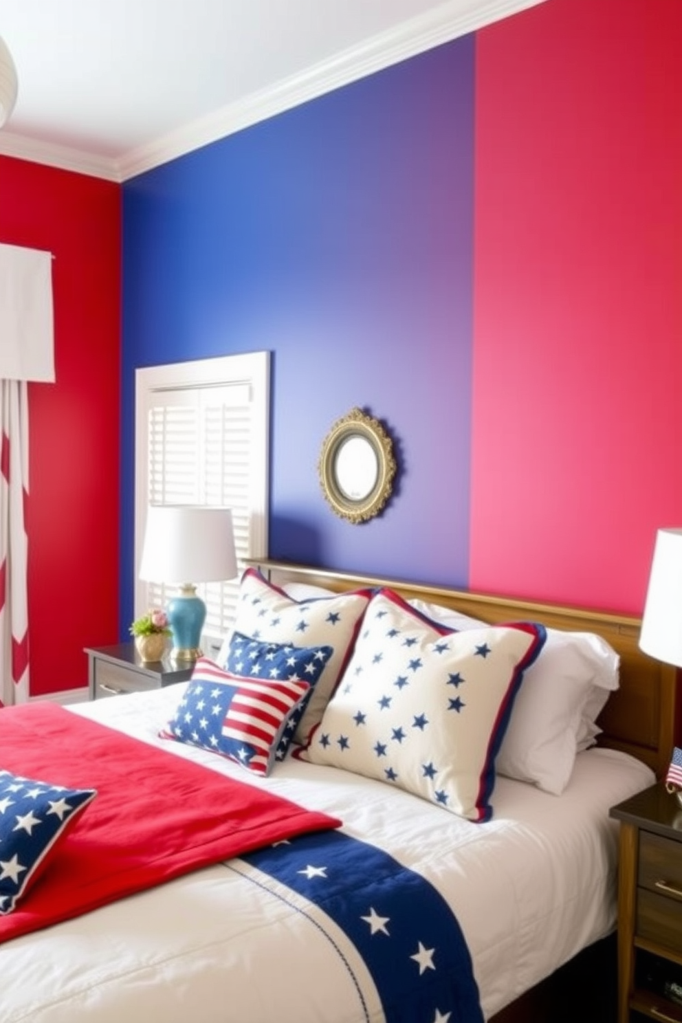 A vibrant bedroom featuring a red and blue accent wall that embodies the spirit of Independence Day. The room is adorned with patriotic-themed decor, including bedding and throw pillows in stars and stripes patterns.