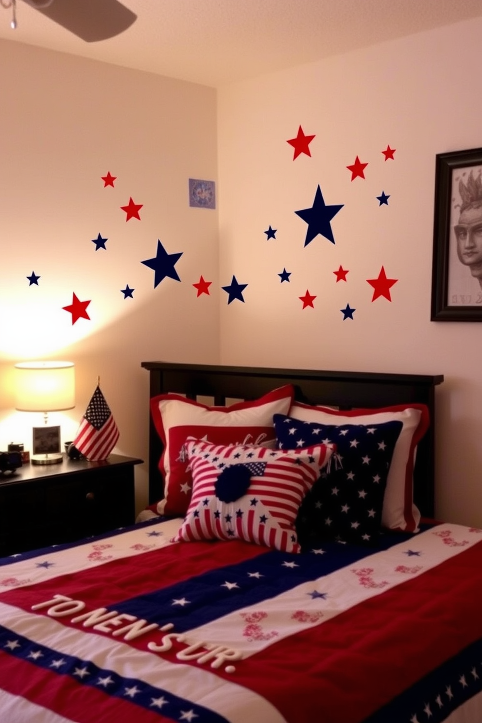 A cozy bedroom setting featuring a blue and white checkered throw blanket draped over the edge of a neatly made bed. The bedding is complemented by red accent pillows, and a small American flag is displayed on the nightstand. The walls are painted in a soft white, creating a bright and airy atmosphere. A vintage wooden dresser sits against one wall, adorned with patriotic decorations and a vase of fresh flowers.