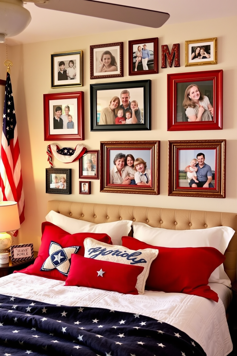 A cozy bedroom adorned with patriotic picture frames showcasing family photos. The frames are arranged in a gallery style above a plush bed dressed in red, white, and blue linens.