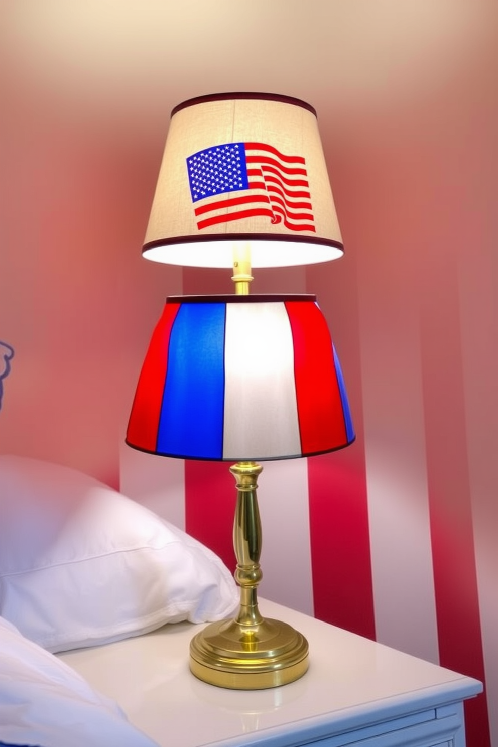 A stylish table lamp stands on a bedside table, featuring a red, white, and blue shade that evokes the spirit of Independence Day. The lamp's base is made of polished brass, adding a touch of elegance to the patriotic theme in the bedroom.