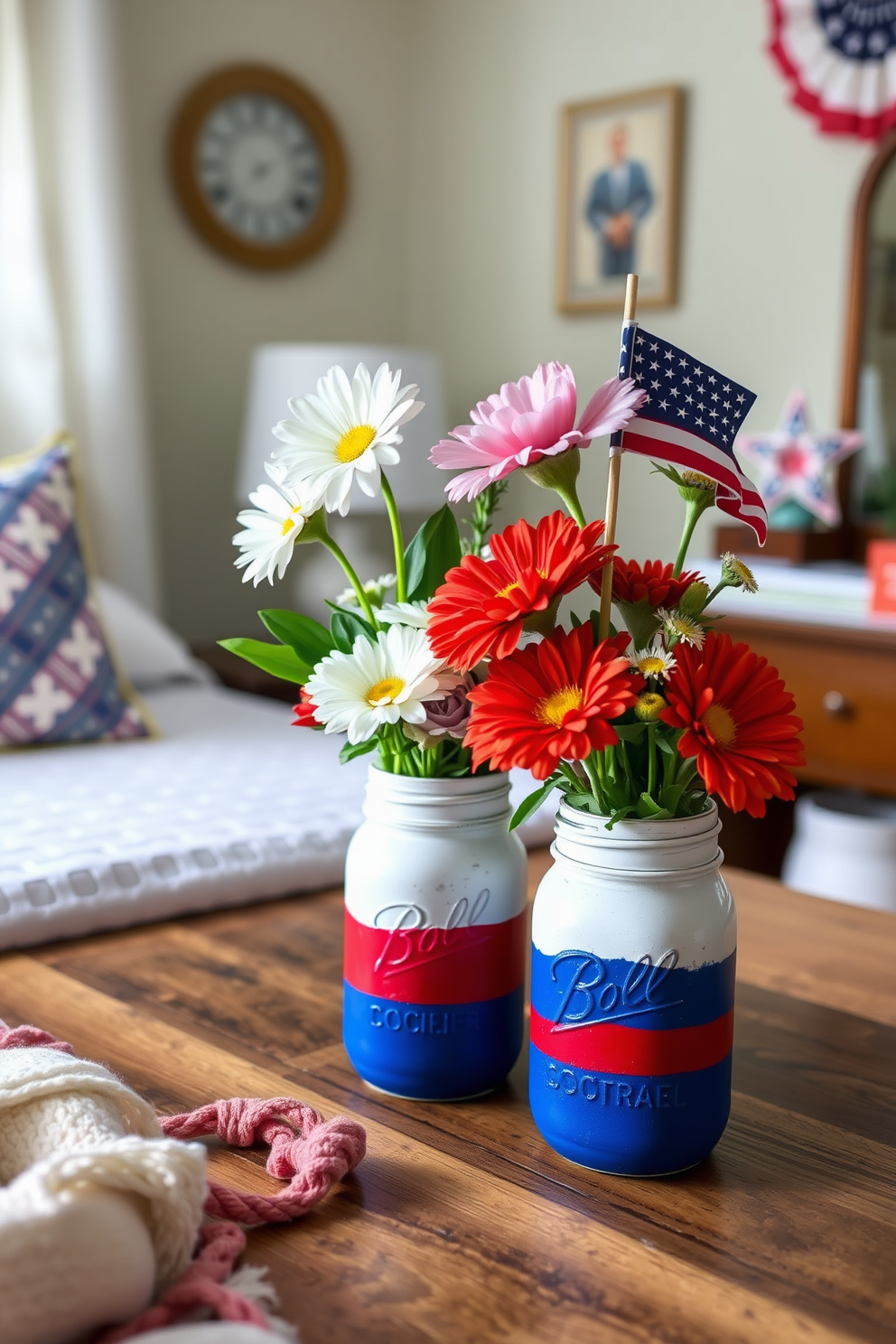 A cozy bedroom decorated for Independence Day features DIY painted mason jars serving as vibrant vases. The jars are painted in red white and blue and filled with fresh flowers creating a festive atmosphere.