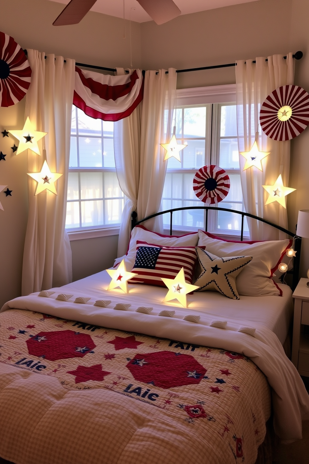 Framed photos of Independence Day celebrations adorn the walls of the bedroom, showcasing vibrant moments of fireworks and family gatherings. The color scheme features red, white, and blue accents, with a cozy bed dressed in patriotic-themed linens and decorative pillows. A vintage wooden dresser holds a collection of small flags and candles, creating a warm and inviting atmosphere. Soft lighting from bedside lamps enhances the festive spirit, while a woven rug adds texture and comfort to the space.