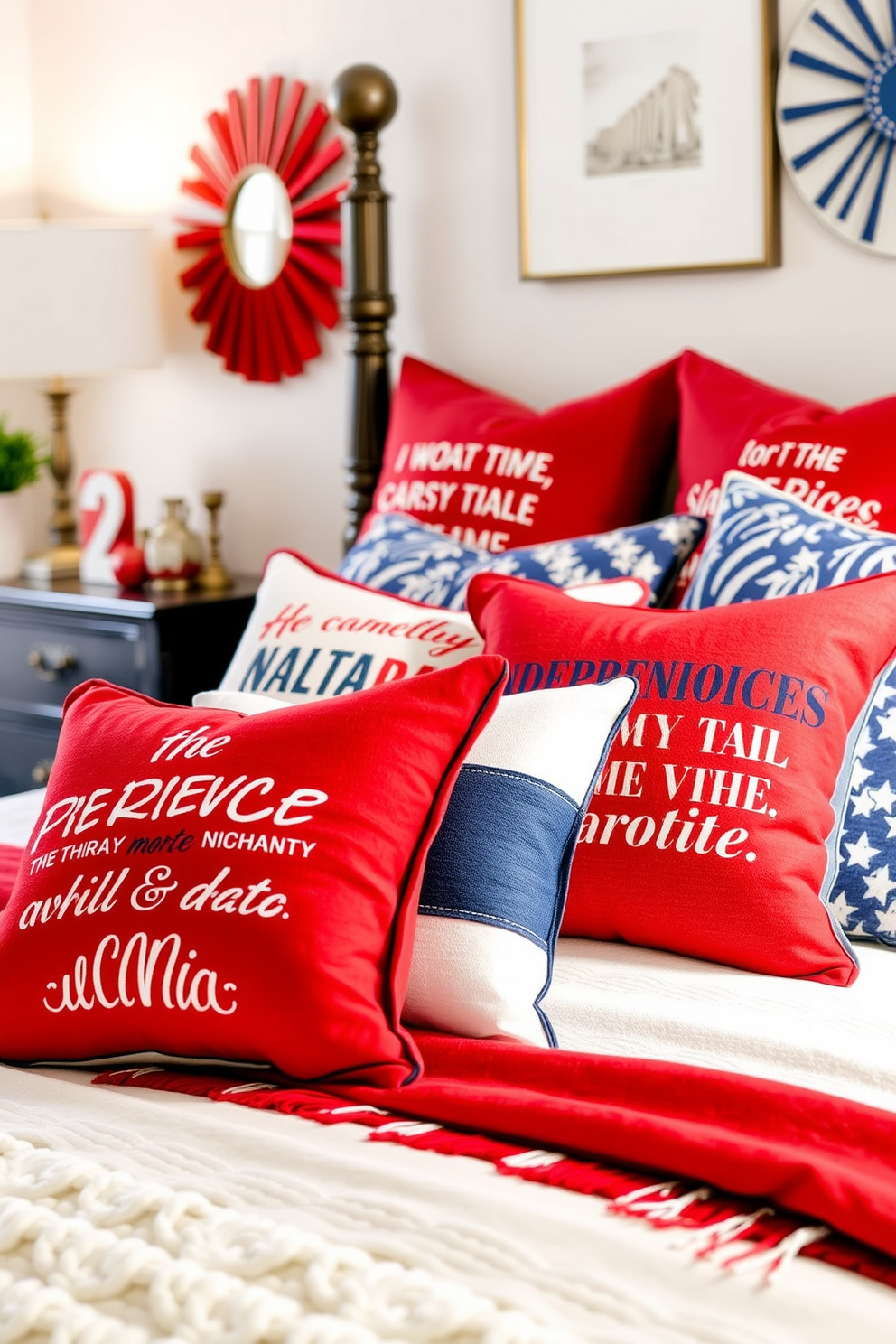 Cushions adorned with patriotic quotes in vibrant red white and blue colors are arranged on a cozy bed. The bedroom features soft lighting and decorative elements that evoke a festive Independence Day spirit.