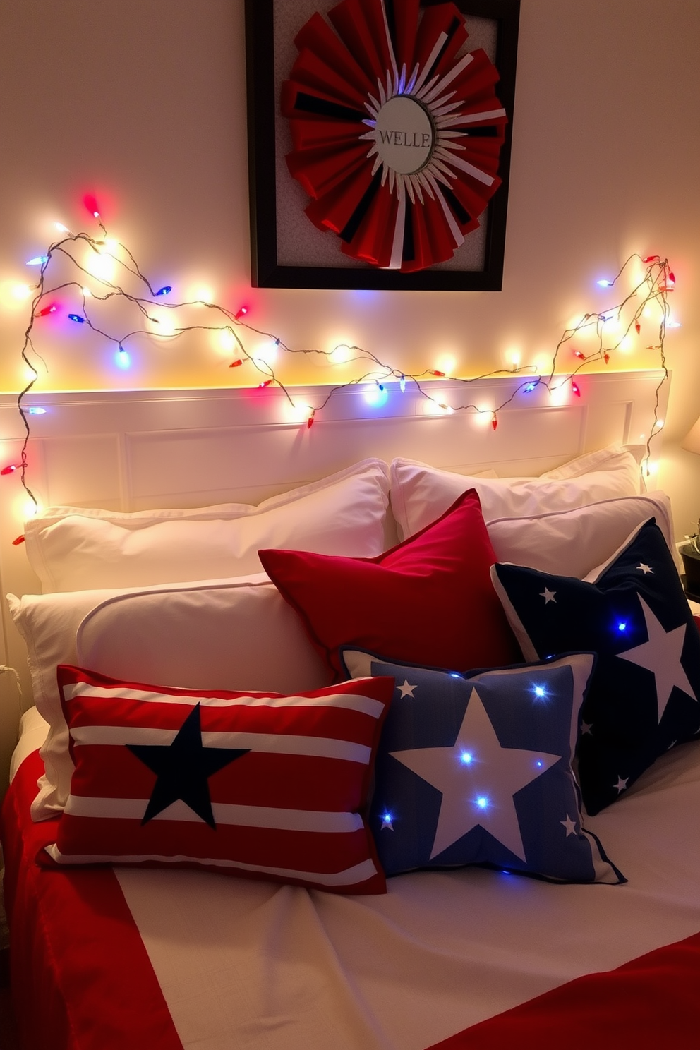 A striking bedroom featuring a bold red accent wall that creates a dramatic focal point. The bedding is adorned with white and blue accents to celebrate Independence Day, while star-patterned throw pillows add a festive touch.