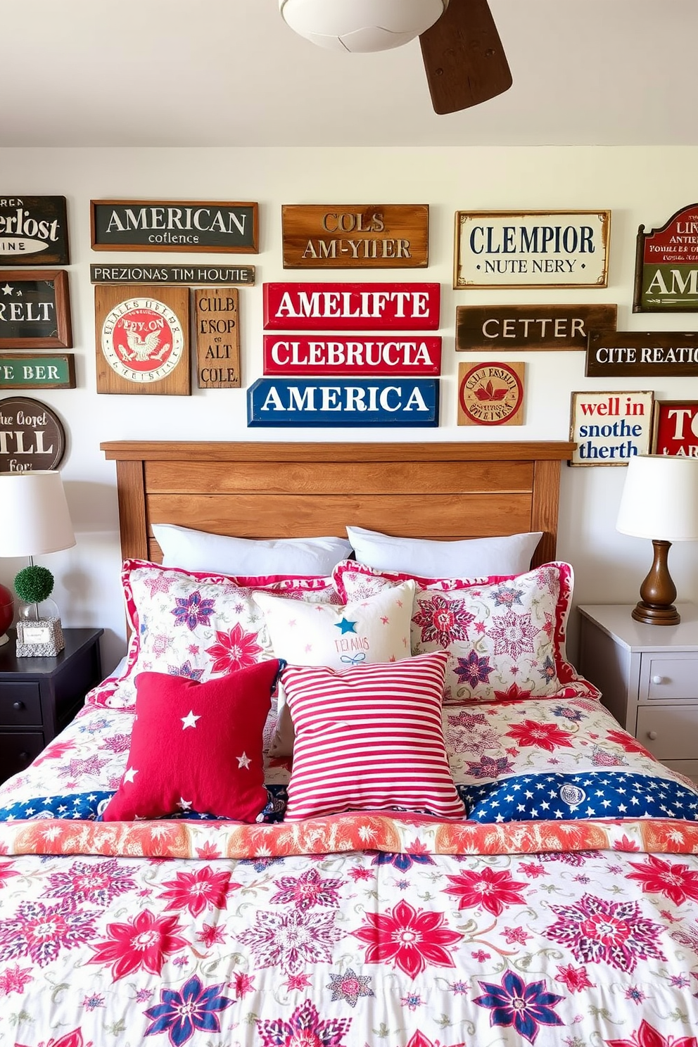 A cozy bedroom featuring vintage Americana signs that evoke a sense of nostalgia and celebration. The walls are adorned with various signs showcasing classic American symbols and quotes, creating a warm and inviting atmosphere. The bedding is a mix of red, white, and blue patterns, complementing the decor while adding a festive touch. A rustic wooden headboard serves as a backdrop, enhancing the vintage charm of the space.