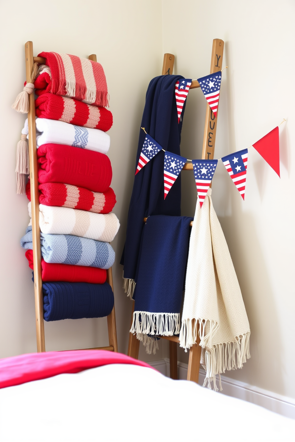 A decorative ladder is positioned against the wall, adorned with an array of cozy blankets in red, white, and blue hues. Hanging from the ladder are festive flags that celebrate Independence Day, adding a vibrant touch to the bedroom decor.