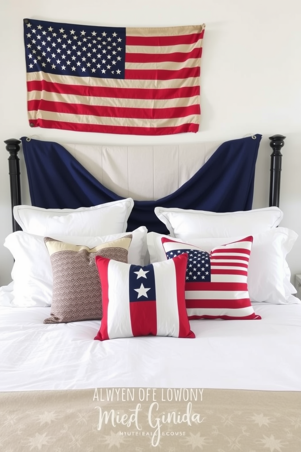 A cozy bedroom adorned with patriotic throw pillows on the bed. The bedding features a mix of red, white, and blue patterns that celebrate Independence Day.