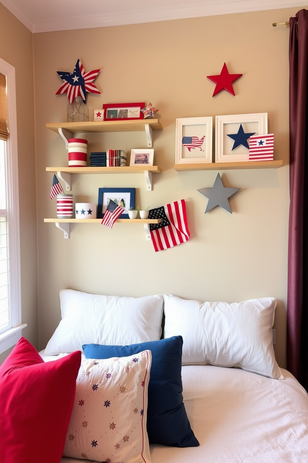 A vibrant bedroom featuring a stars and stripes themed bedspread that captures the essence of Independence Day. The bed is adorned with decorative pillows in red, white, and blue, while a vintage American flag hangs on the wall as a focal point.