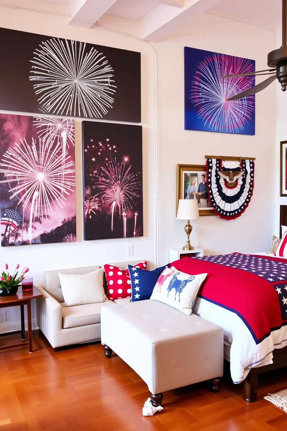 A vibrant Independence Day themed artwork gallery featuring large canvas prints of fireworks and the American flag. The walls are adorned with red white and blue accents and the floor is polished wood with a cozy seating area for viewing the art. A patriotic bedroom decorated with red white and blue bedding and throw pillows. The walls are painted in a soft white and adorned with framed artwork that celebrates Independence Day.